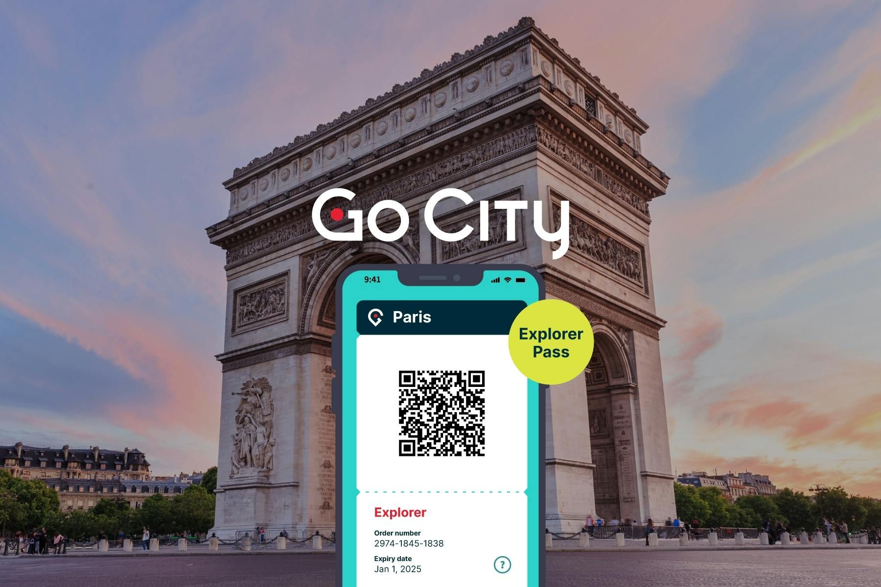Exemple d'un Explorer Pass Paris sur fond d'Arc de Triomphe à Paris